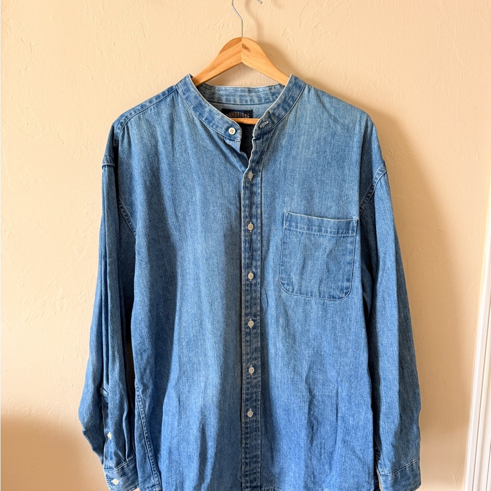 Men's Blue Denim Band Collar Button-Down Shirt